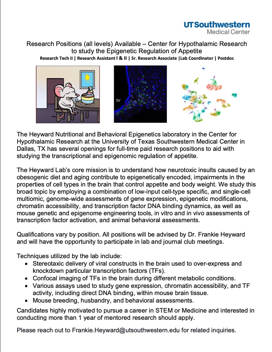 📢 I'm hiring at all levels for my Nutritional &amp; Behavioral Epigenetics Lab at @UTSWNews!! ❤️‍🔥

If you're passionate about the neuroepigenetic regulation of appetite during obesity and aging I'd love to potentially work with you 🫵🏾

Please RT and share with all trainees🙏🏾