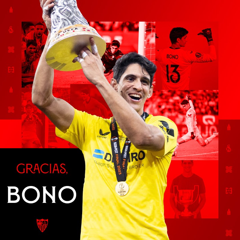 SevillaFC's tweet photo. 🤝 Yassine Bono, traspasado al Al-Hilal. 

¡Gracias por todo, Bono!

#WeareSevilla #NuncaTeRindas