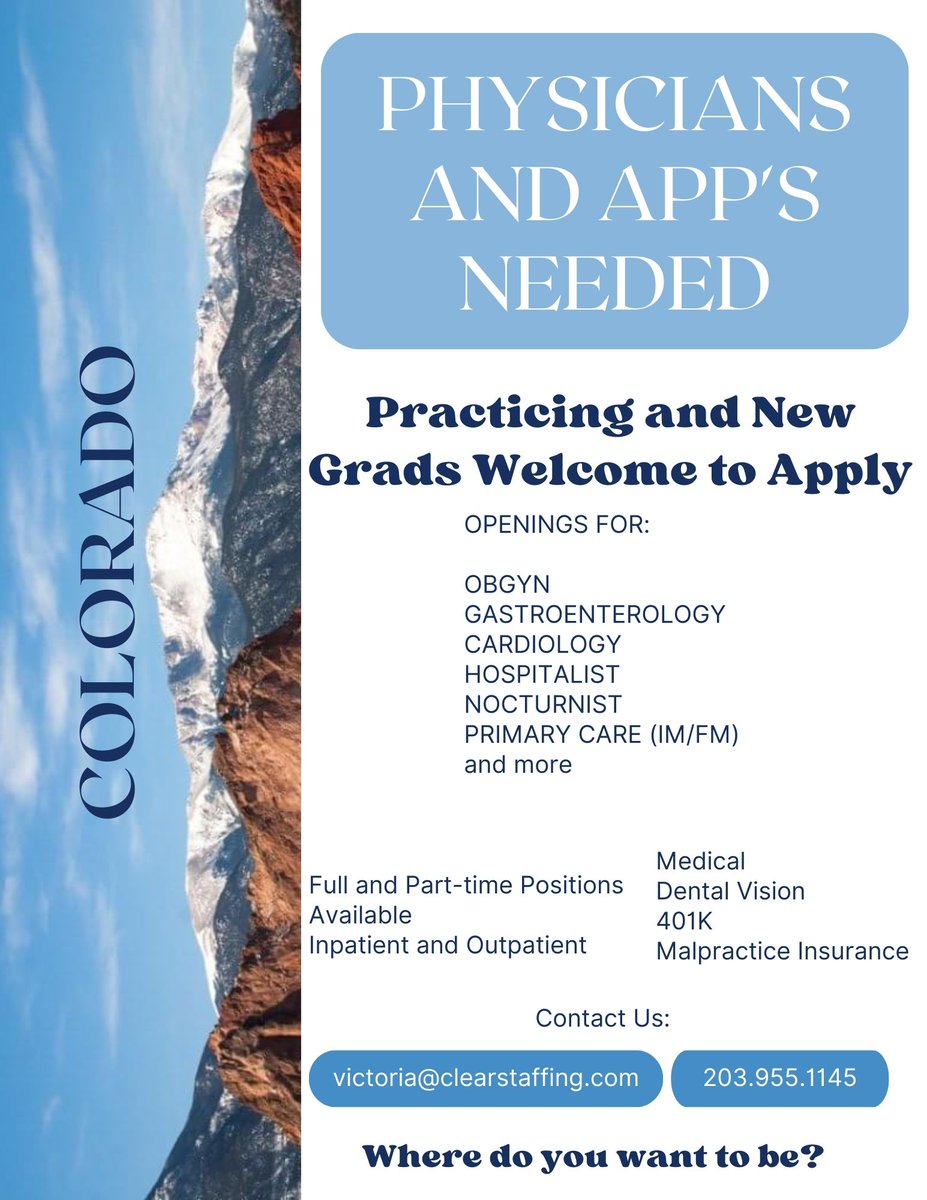 #Recruitingphysicians for #Colorado. All specialities needed. Practicing and new grads welcome to apply. Contact us today for more information. victoria@clearstaffing.com #hiringphysicians #physicianjobs #physicianassistantjobs #nursepractitionerjobs #recruitinghealthcare