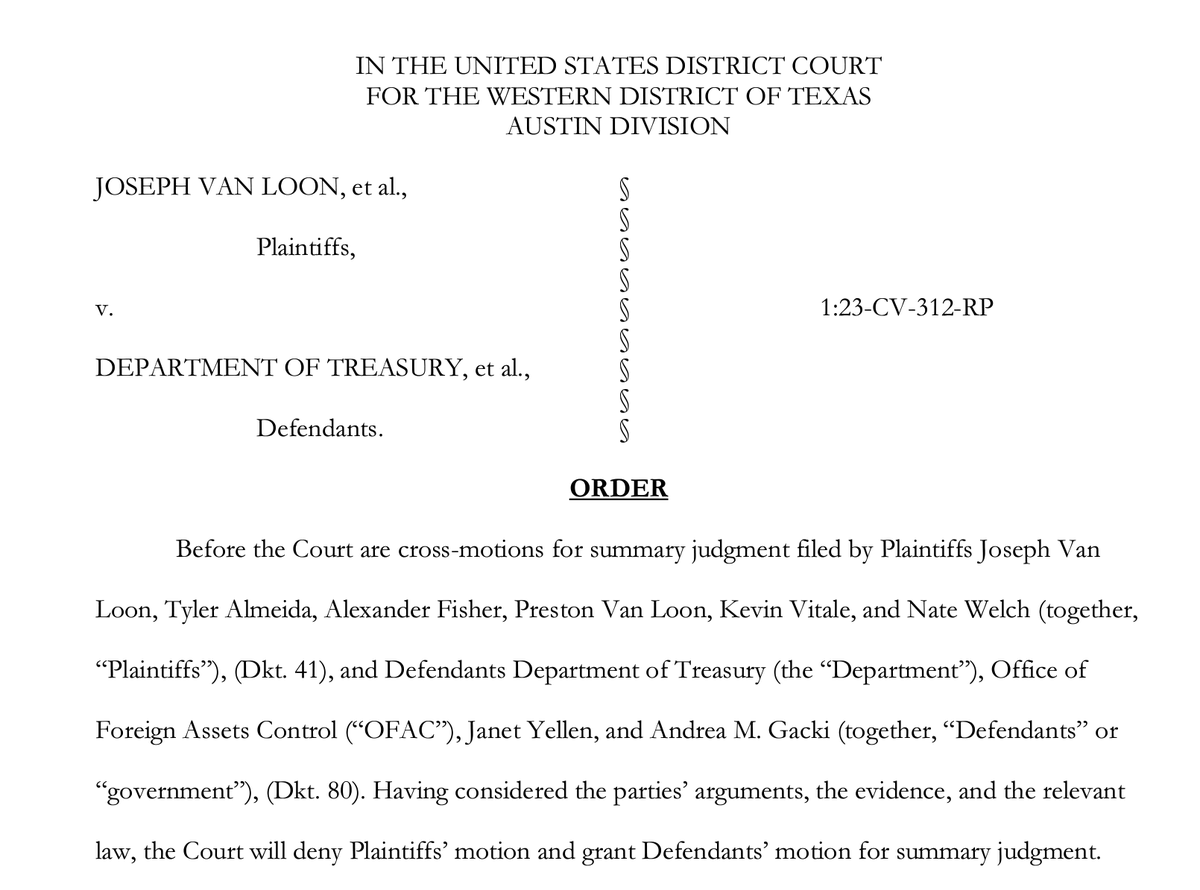 BillHughesDC's tweet image. The district court in Van Loon v. Dept. of the Treasury (the @TornadoCash -related suit challenging the OFAC sanctions designations) has held in favor of the US Government on the merits - meaning that #Treasury wins and the sanctions designations are upheld.…