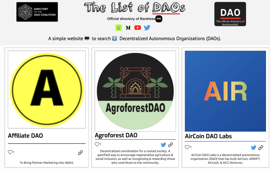 @AirCoinreal welcome to decentralist.com's List of DAOs🥳 You join as the 3️⃣6️⃣3️⃣rd #DAO on the list! AirCoin DAO Labs is busy building in the DeFi space with projects including #AirCoin, #AIRNFT, #AirCash, & #ACGVentures 🚀