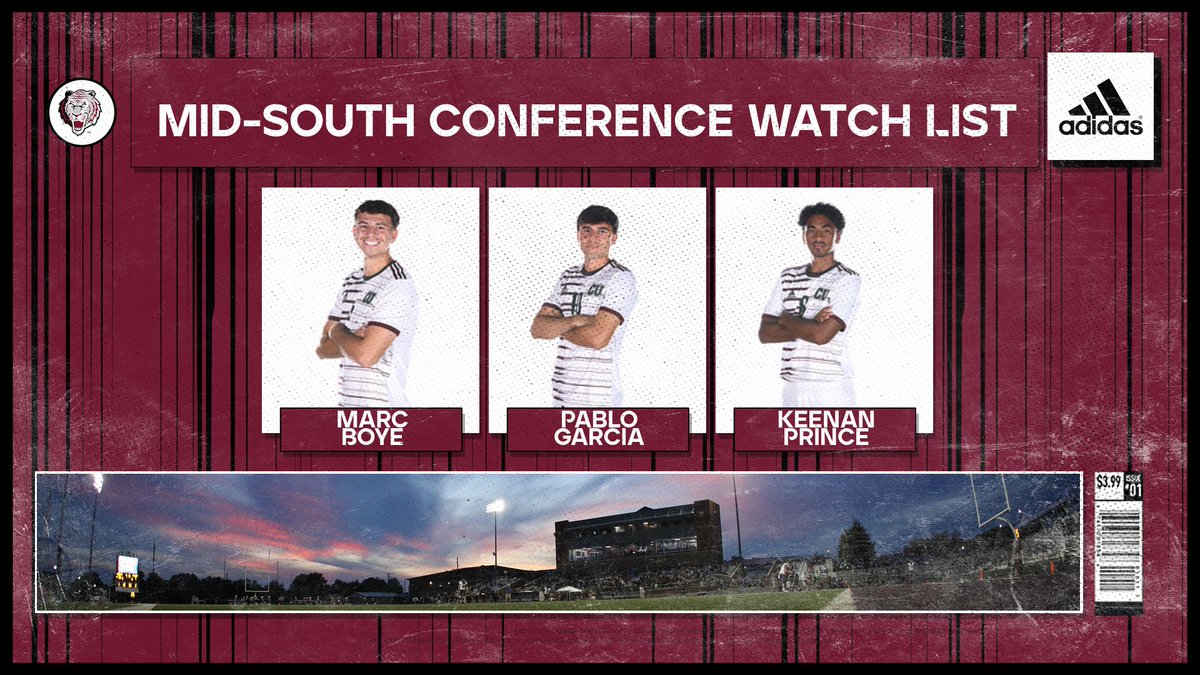 CUTigers_Soccer's tweet photo. Mid-South Conference Announces 2023 Men’s Soccer Watch List

⚽️ Senior Defender Marc Boye
⚽️ Senior Midfielder Pablo Garcia
⚽️ Sophomore Midfielder Keenan Prince

➡️➡️➡️ https://t.co/1ldN67MBgW https://t.co/Eywe4kE4Qh