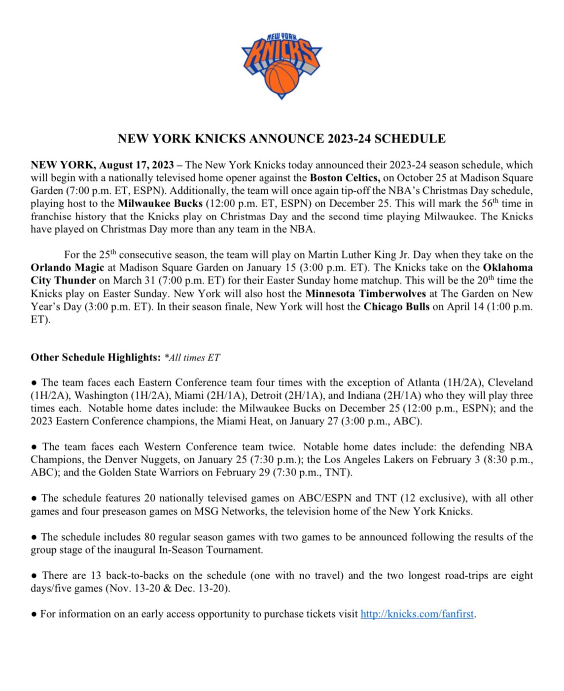 Get New York Knicks tickets for the 2023-24 season schedule