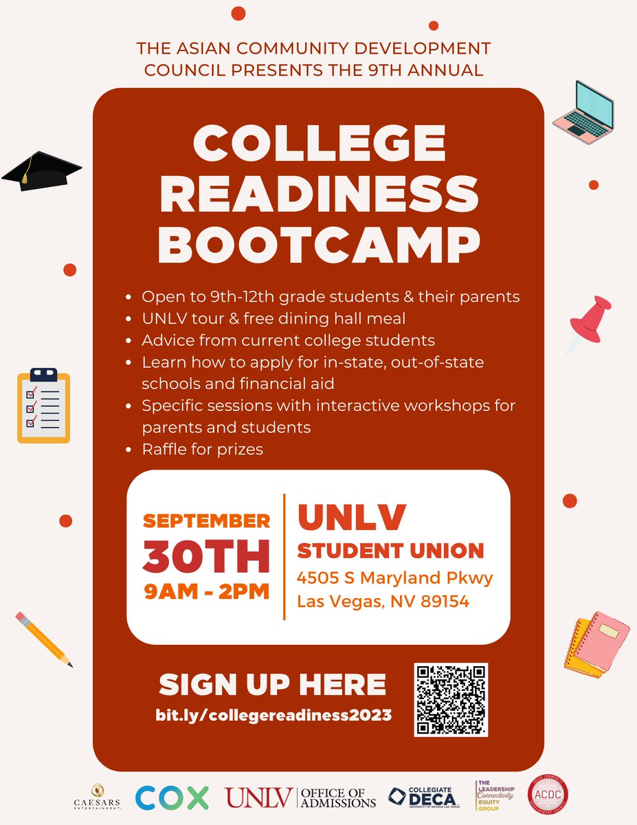 opportunity180's tweet photo. Join @ACDCNV for its annual College Readiness Bootcamp on Sat 9/30 from 9am-2pm! This is a free event for students and parents and includes insights from college students, a UNLV tour, and more. All 9-12th grade students are invited to attend. Sign up: https://t.co/PEdcKXGSL1 https://t.co/ePI7UmXDtd