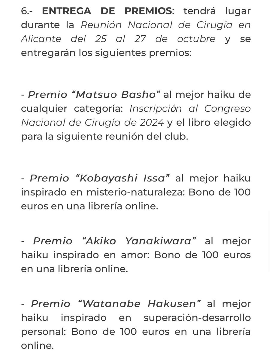 AEC Lector (@aeclector) on Twitter photo Abierto plazo hasta 8/10 para👇🏽
I Concurso de Haikus relacionados con la cirugía
🤔Haikus=poema breve japonés
🫴🏽Socios <a href="/aecirujanos/">aecirujanos</a>
🫴🏽Haikus premiados👉🏽RNC23
🫴🏽Mejores se publicarán en libro ISBN
💪🏽Anímense
Bases👉🏽 aecirujanos.es/I-CONCURSO-HAI…
<a href="/aguayo_UM/">JoseLuisAA 🇪🇺</a> <a href="/JGomez_Menchero/">Julio Gómez Menchero</a> Abierto plazo hasta 8/10 para👇🏽
I Concurso de Haikus relacionados con la cirugía
🤔Haikus=poema breve japonés
🫴🏽Socios <a href="/aecirujanos/">aecirujanos</a>
🫴🏽Haikus premiados👉🏽RNC23
🫴🏽Mejores se publicarán en libro ISBN
💪🏽Anímense
Bases👉🏽 aecirujanos.es/I-CONCURSO-HAI…
<a href="/aguayo_UM/">JoseLuisAA 🇪🇺</a> <a href="/JGomez_Menchero/">Julio Gómez Menchero</a>