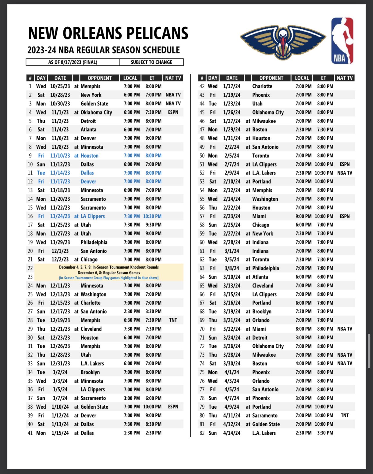 Pelicans 2025 Schedule
