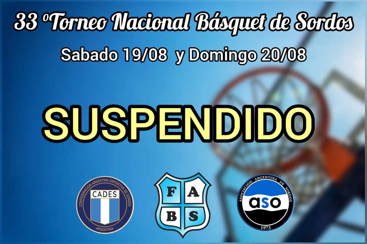 ❗ Torneo Nacional suspendido 😭

👉 Lamentamos informar la suspensión de la máxima fiesta del Basquetbol Sordo de la Argentina, que se iba a realizar en Tigre (Buenos Aires). Próximamente informaremos los motivos.

#SomosFABS