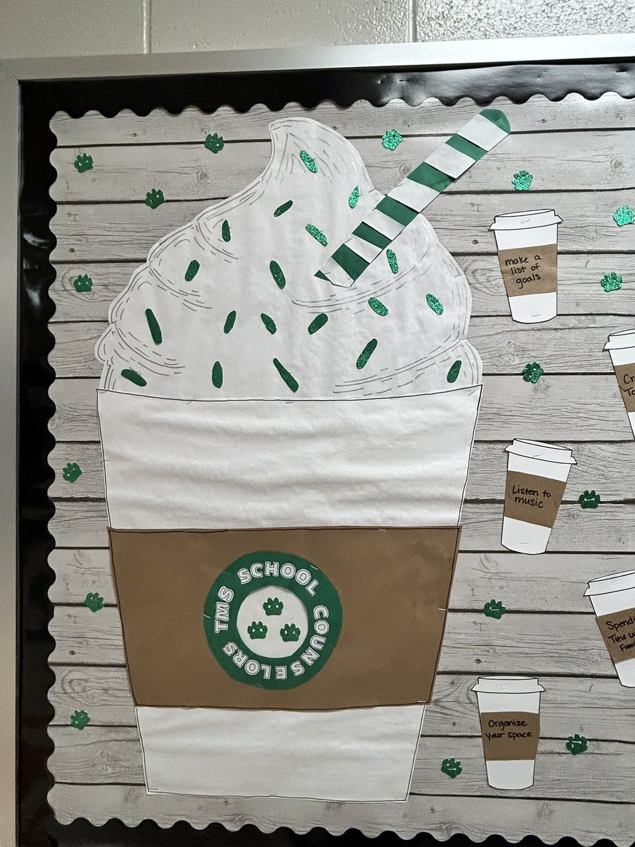 counseling_tms's tweet photo. Check out our new bulletin board! We love it a latte 🤗 @TMStiger1 @WJCCSchools #scchat #WeAreWJCC #BacktoSchool2023 https://t.co/ADggTspkpc