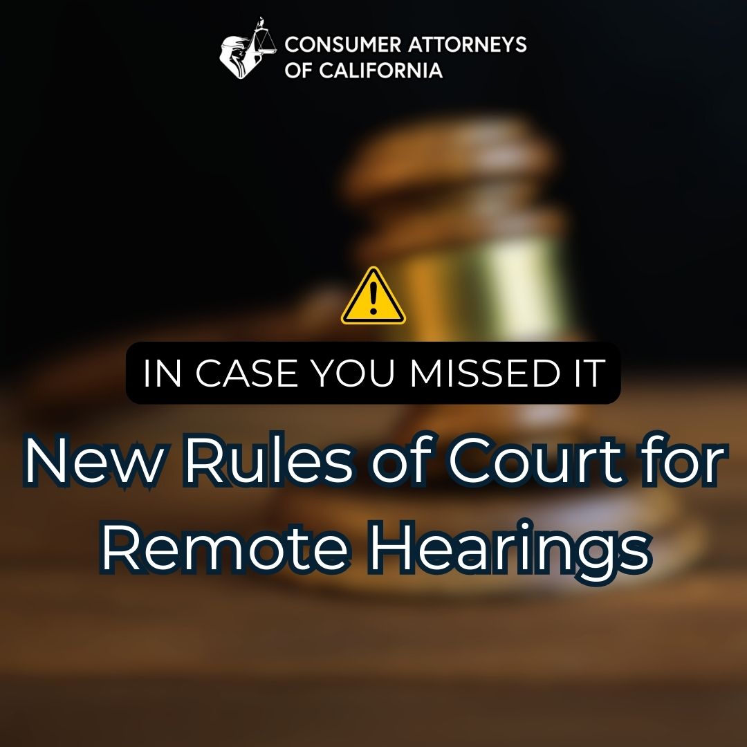 ConsumerAttysCA's tweet photo. ICYMI

Effective August 4, the Judicial Council made changes to the CA Rules of Court regarding remote hearings (which you can read by clicking the link below)

Thank you for your support to help us keep all court room doors open, physically and virtually!
https://t.co/QHq7WGyAsq https://t.co/3HjRmxTNWM