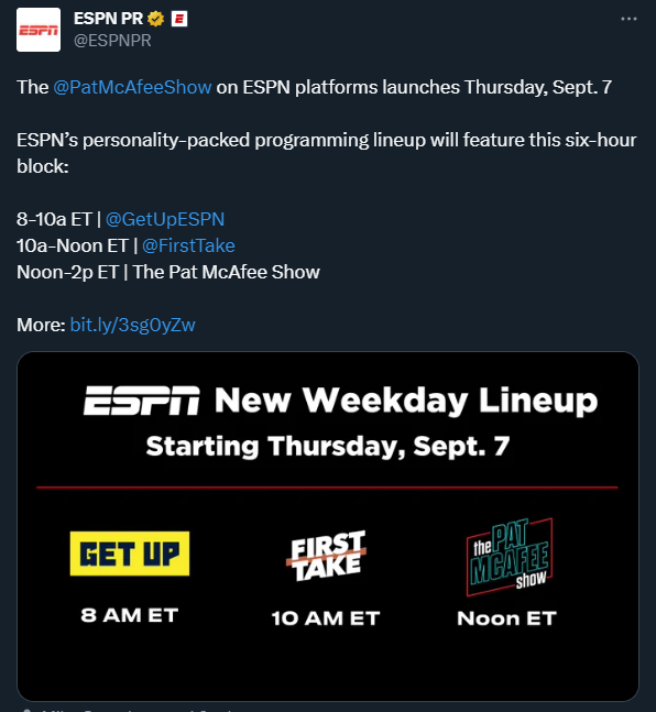 NFL_DovKleiman's tweet photo. Via ESPN - The @PatMcAfeeShow
will launch on ESPN platforms Thursday, Sept. 7

Noon-2p ET https://t.co/kdb952PiHZ
