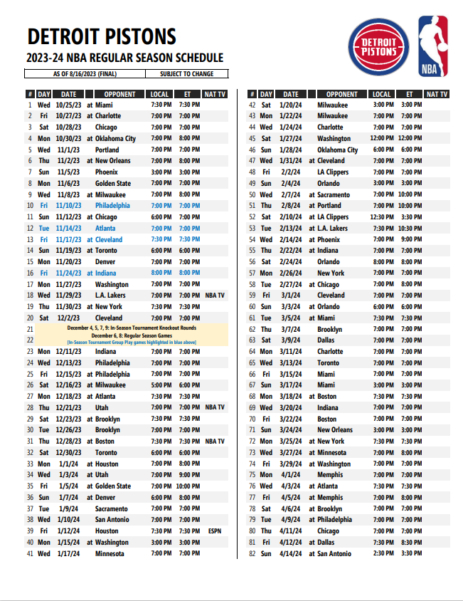 Detroit Pistons release 2023-24 regular season schedule