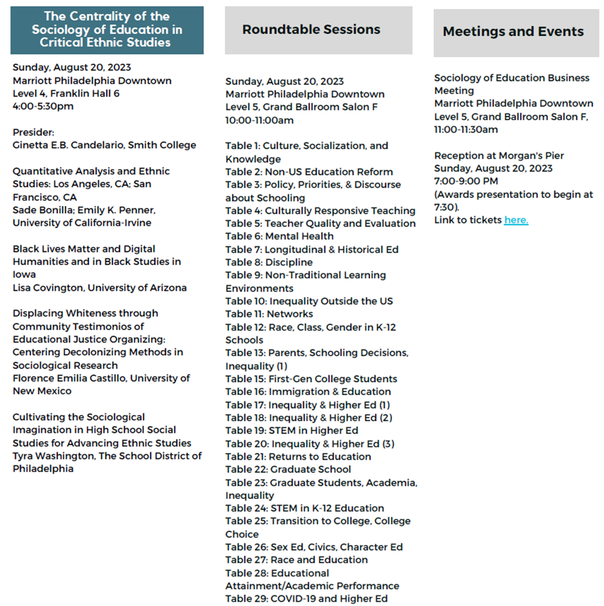 Natasha Warikoo (@nkwarikoo) on Twitter photo So much happening in Sociology of Education at ASA! come and join our section sessions, roundtables, and reception #ASA2023 <a href="/ASAnews/">ASA Sociology</a> So much happening in Sociology of Education at ASA! come and join our section sessions, roundtables, and reception #ASA2023 <a href="/ASAnews/">ASA Sociology</a>