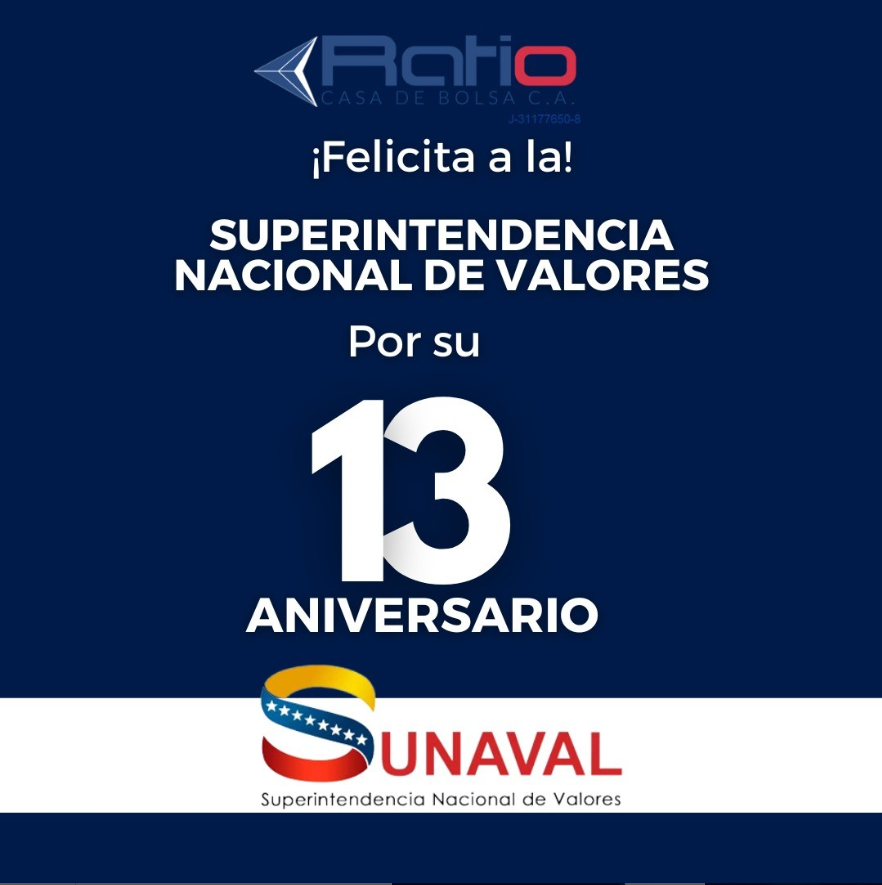 RatioCB's tweet photo. De parte de todo el equipo de @RatioCB felicitamos a la Superintendencia Nacional de Valores @Sunaval en su Aniversario #13.
Ente encargado de regular y supervisar el funcionamiento del mercado de valores venezolano. https://t.co/iMzTTJbhZp