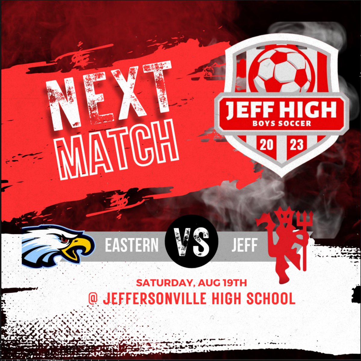 JeffHS_BSoc's tweet photo. The boys will be back in action this Saturday in the re-scheduled match vs Eastern. #OnRedDevils @JeffHS_AD
⚽️ JV - 3:00
⚽️ VARSITY - 4:30 https://t.co/h6QrDwr9cK