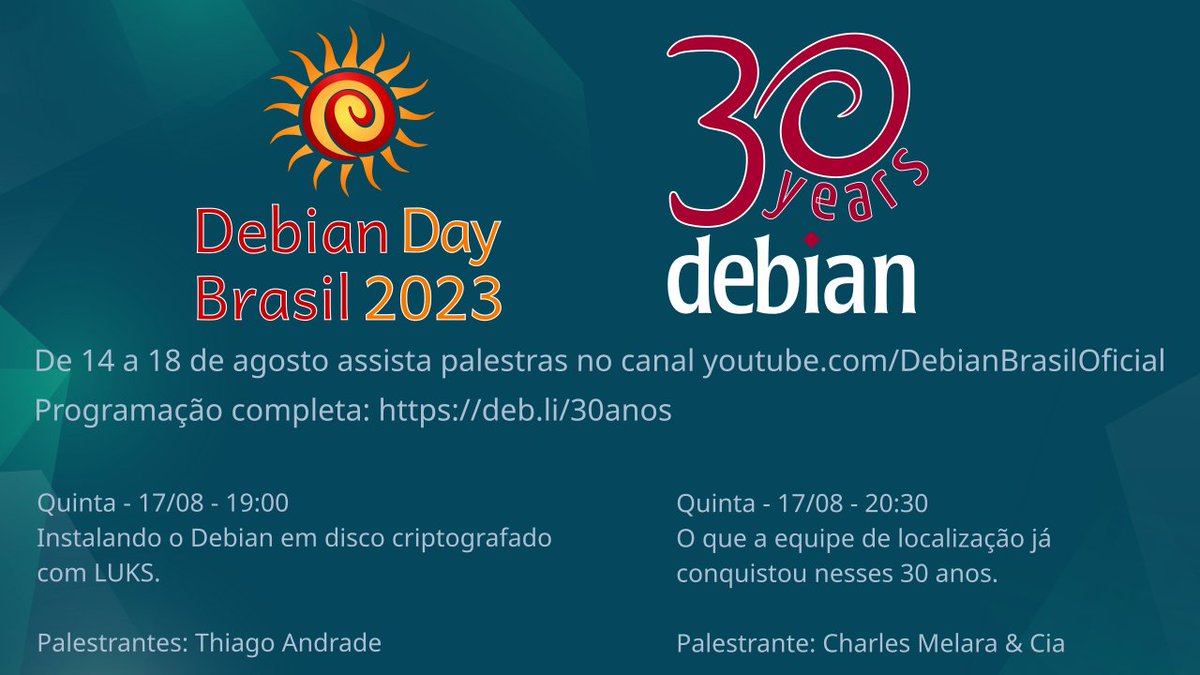 Hoje (17/08) teremos o penúltimo dia da nossa semana de celebração dos 30 anos do Debian. 
youtube.com/watch?v=rMVxxb… #debianday #debian #debian30years