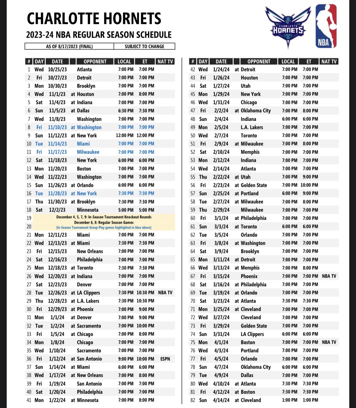 Charlotte Hornets Announce Updated 2023-24 Schedule