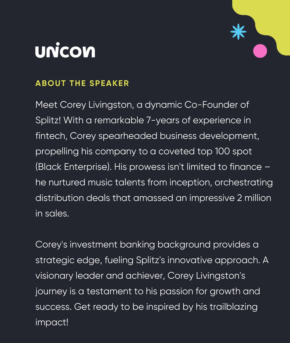 Splitzappco's tweet image. 🌟 Big Announcement! 🎉 Thrilled to let you all know that Corey Livingston, the Co-Founder of Splitz, will be taking the stage as a distinguished panelist at unicon! 🎤🤝

#splitz #creatoreconomy #brands #limitedseatsavailable #creatorconference #influencermarketing #unicon