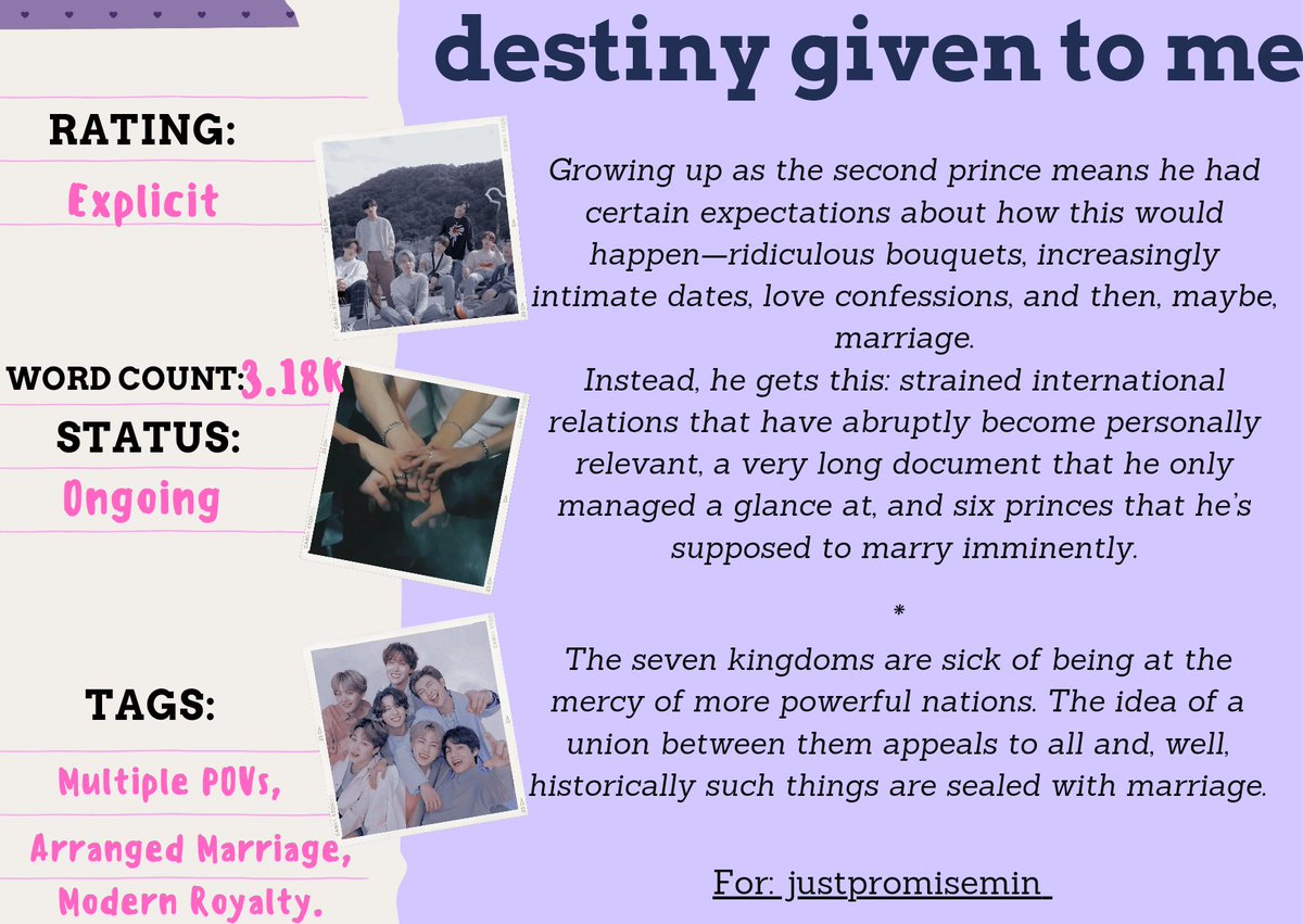 BTS Gift Exchange | AUTHOR REVEALS (@btsficexchange) on Twitter photo °˖✧ destiny given to me ✧˖°
➸ Explicit | 3.18k | Ongoing
➸ for <a href="/justpromisemin/">Tinkerbell⁷⁼¹🧚♀️🥢Welcome home💜 ⟭⟬E ARE B⟬⟭CK</a>
🖇️ archiveofourown.org/works/49243720… °˖✧ destiny given to me ✧˖°
➸ Explicit | 3.18k | Ongoing
➸ for <a href="/justpromisemin/">Tinkerbell⁷⁼¹🧚♀️🥢Welcome home💜 ⟭⟬E ARE B⟬⟭CK</a>
🖇️ archiveofourown.org/works/49243720…