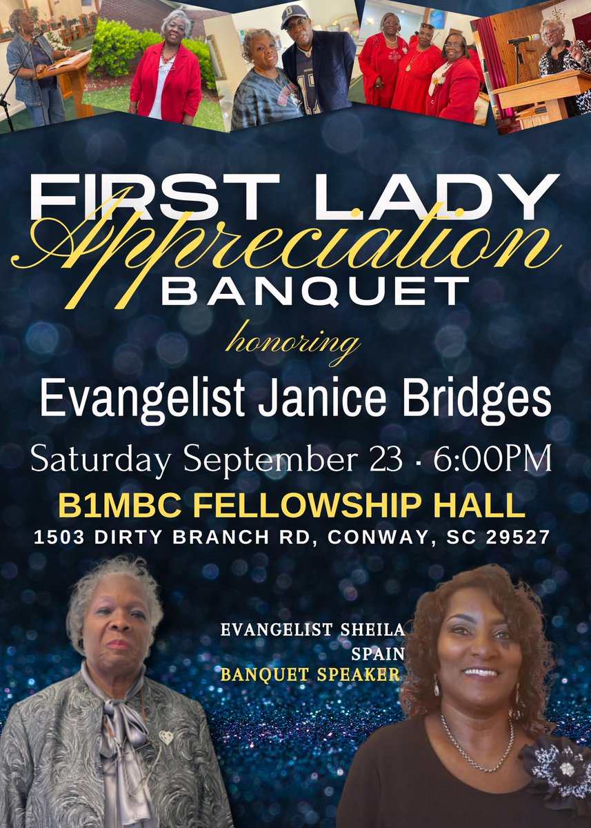 It’s a CELEBRATION! We will be honoring Evangelist Janice Bridges for her First Lady Appreciation Banquet on September 23 at 6:00PM

We will have Evangelist Sheila Spain as our Banquet Speaker and the St.John Church of God Family