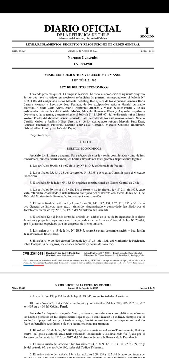 jmarcelotobarc's tweet image. Hoy se publicó en el Diario Oficial la nuev Ley 21.595 de delitos económicos (Ley de cuello y corbata) fachistan con ataque surtido @GabrielBoric @DiarioOficialCL #EduardoFuentes #AndreaMolina #Bruta #GonzaloDelaCerrera #ChileVamos
