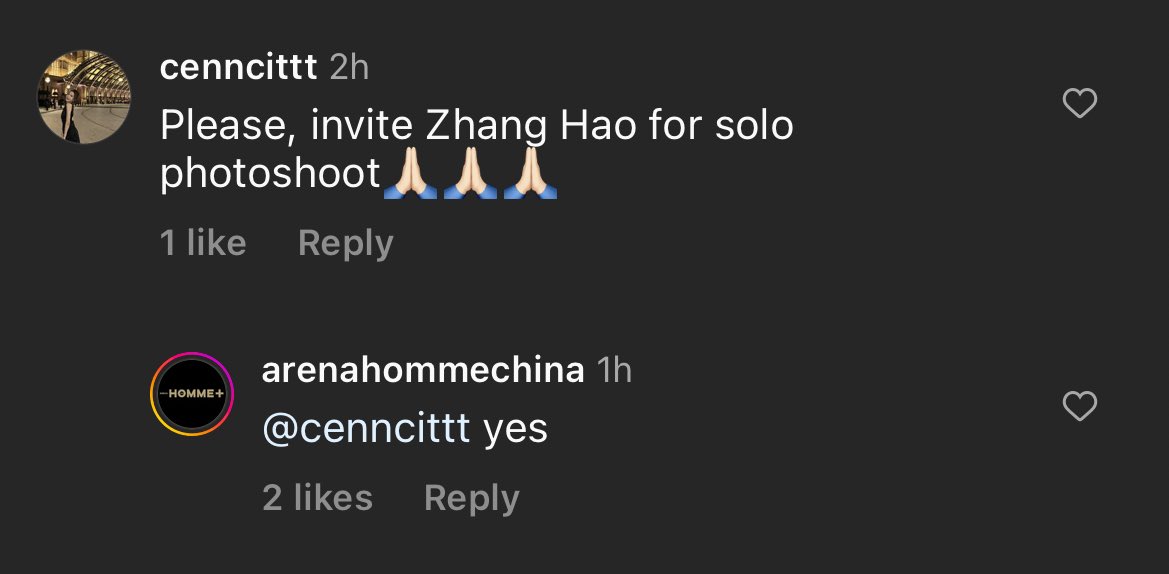 arenahommechina official account replying to this comment asking for hao solo photoshoot...?