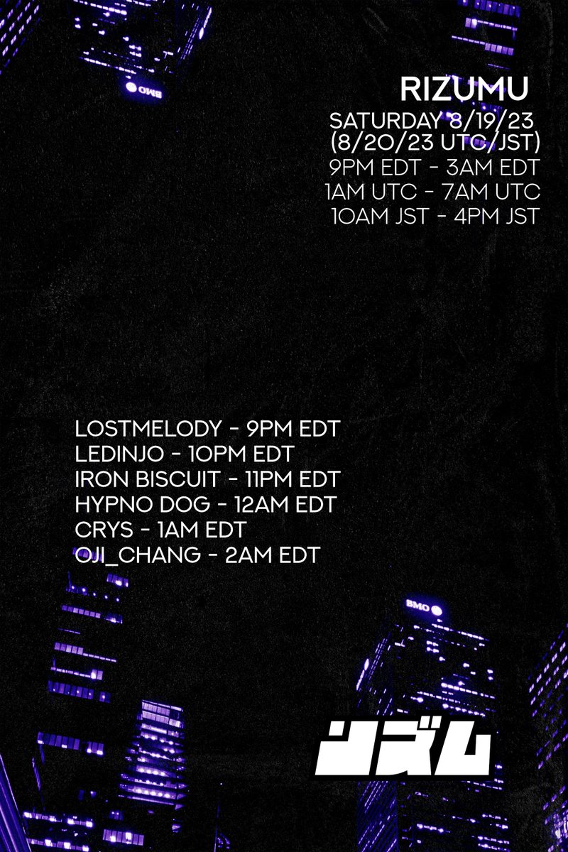 Rizumu Saturday 8/19-8/20 at 9pm EDT / 1am UTC / 10am JST with these techno boppin DJs from throughout the globe! @DjLostMelody @LeDinjo @DJIronBiscuit @LuciHound @crysVR @oji_chang Join our group instance: vrc.group/RIZUMU.0072 Join our discord: discord.rizumu.club