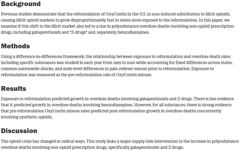 I'm not a quant guy so can't evaluate the math, and OD stats have their issues, but the results make sense to me:  

Supply-side interventions need to be designed to protect ALL consumers' wellbeing not just the ones we call "patients."

rand.org/pubs/external_…