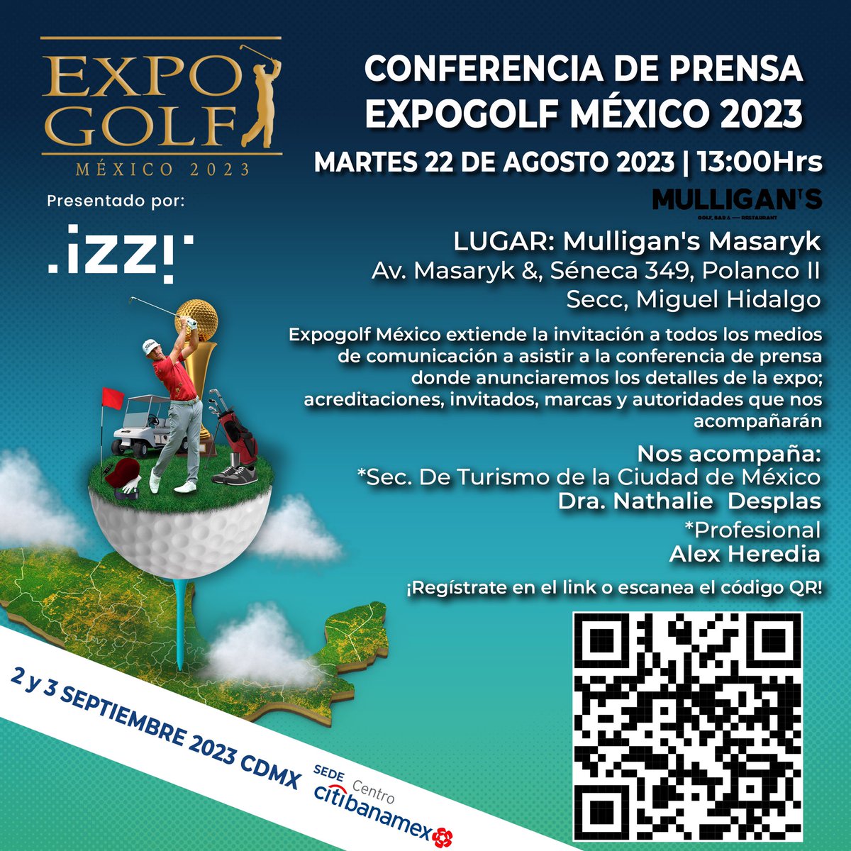 Expogolf_mexico's tweet photo. ⚠️ATENCIÓN MEDIOS DE CONUNICACIÓN⚠️

La conferencia de prensa de #ExpogolfMéxico 2023 se llevará a cabo en @mulligansmx Masaryk.

Nos acompaña la Secretaria de Turismo de CDMX @turismocdmx , Dra. @NathalieDesplas y el Profesional y maestro de golf @herediauto.

REGISTRO https://t.co/Q1p2hzNaYb

No falten.
#prensa #golf #ruedadeprensa #conferenciadeprensa #turismo #cdmx #expgolf #golfexpo #turismogolf #laciudadquelotienetodo #capitalculturaldeamérica #visitmexico #mexicogolf #golfer #golfinmexico #golfenmexico