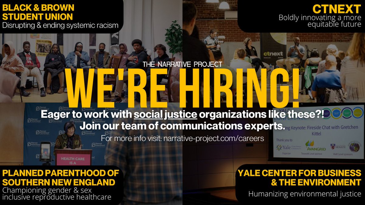 TNP_CT's tweet image. 🗣️We&apos;re Hiring! Have a passion for social justice and want to work with mission-driven organizations like these?! Visit narrative-project.com/careers to learn more about our open positions.

We can&apos;t wait to meet you! ✊🏿 ✊🏾 ✊🏽  

#TheNarrativeProject
#NowHiring