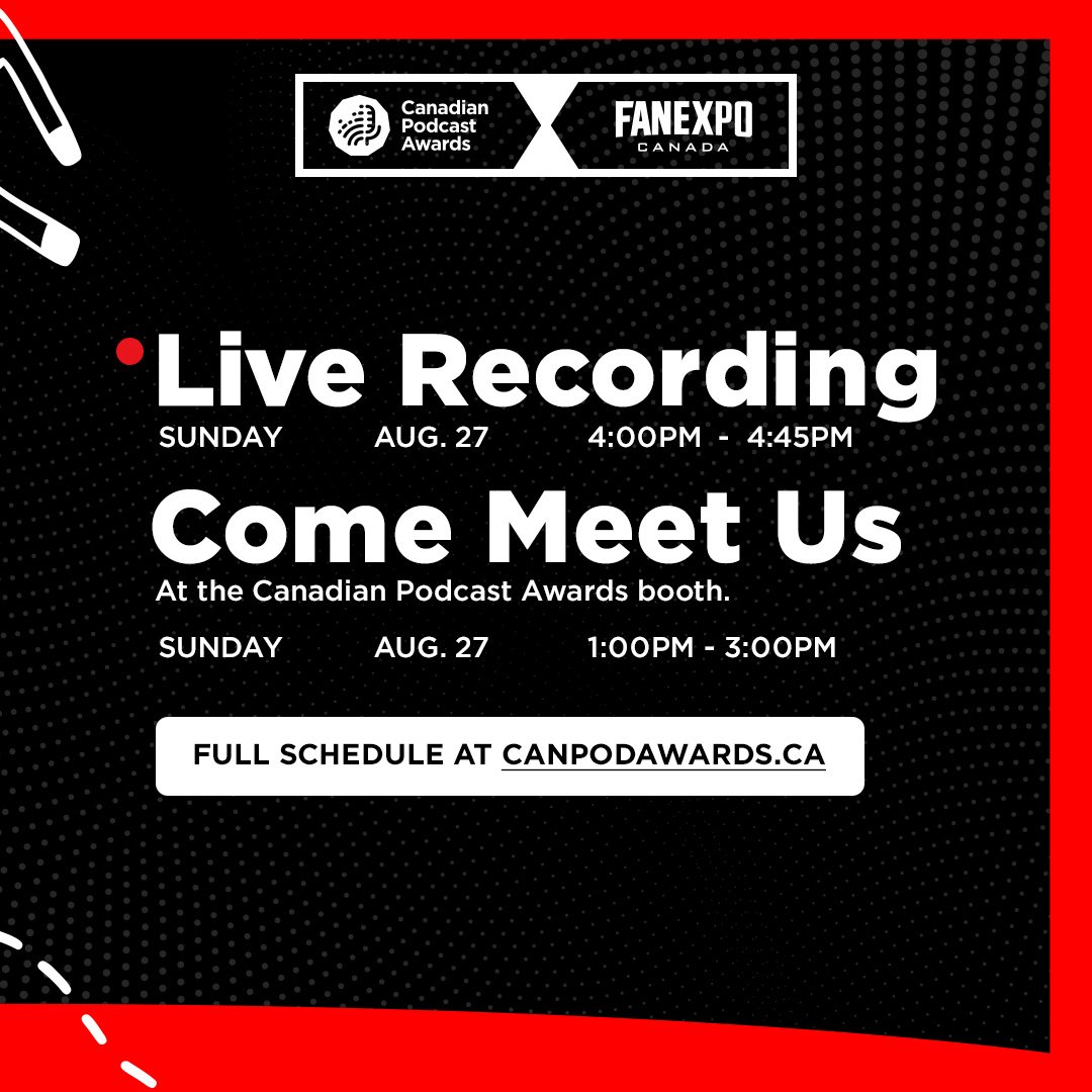We'll be doing a live show, Sunday Aug 27th at <a href="/FANEXPOCANADA/">FANEXPO Canada</a>.

The good folks at <a href="/CanPodAwards/">The Canadian Podcast Awards</a> invited us to their booth. Come say hi! We'll have <a href="/aquagem_art/">Aquagem (Leslie) 💗💜💙</a>, <a href="/MacKenzieBG/">MacKenzie</a>, <a href="/stephgerk/">Stephanie Gerk</a>, and <a href="/MilesABaker/">Miles Baker</a>.

Let's play some #dnd!!