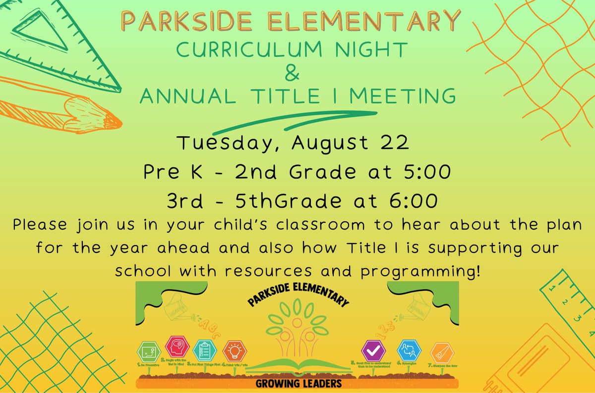 ParksideProud's tweet photo. Mark your calendars. Curriculum Night is Tuesday, August 22nd.

Pre K - 2nd Grade at 5:00
3rd - 5th Grade at 6:00 https://t.co/pB82iHoJg3