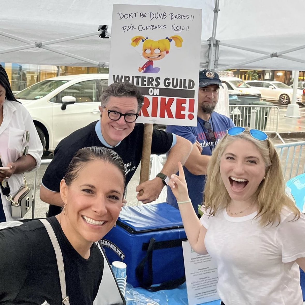 GoJoseyGo's tweet photo. @HeidiHidyHoberg Earlier this month a few fellow SAG-AFTRA animation voice actors and I went out to support our animation writer friends on the WGA line when a torrential downpour hit… and then this happened (he was scooping Ben &amp; Jerry’s for everyone). So much energy and support here! https://t.co/ehitcHybXQ