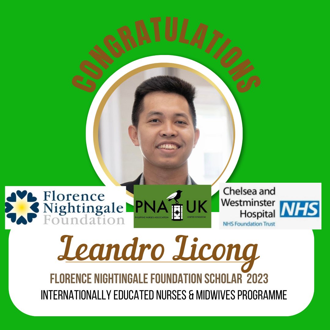 Congratulations to one of our <a href="/PNA_UKnurses/">PHILIPPINE NURSES ASSOCIATION UK 💙</a> Locality Ambassadors working <a href="/ChelwestFT/">Chelsea and Westminster Hospital</a> 

<a href="/LeanLicong/">Leandro Licong</a> was accepted as one of <a href="/FNightingaleF/">Florence Nightingale Foundation</a> Scholars and will soon join the Internationally Educated Nurses &amp; Midwives Online Programme 
 
W/ <a href="/GoalsOlivers/">OliversLifeGoals</a> <a href="/CielitoCaneja/">Cielito Caneja</a> <a href="/joronimo212/">jayjay</a>