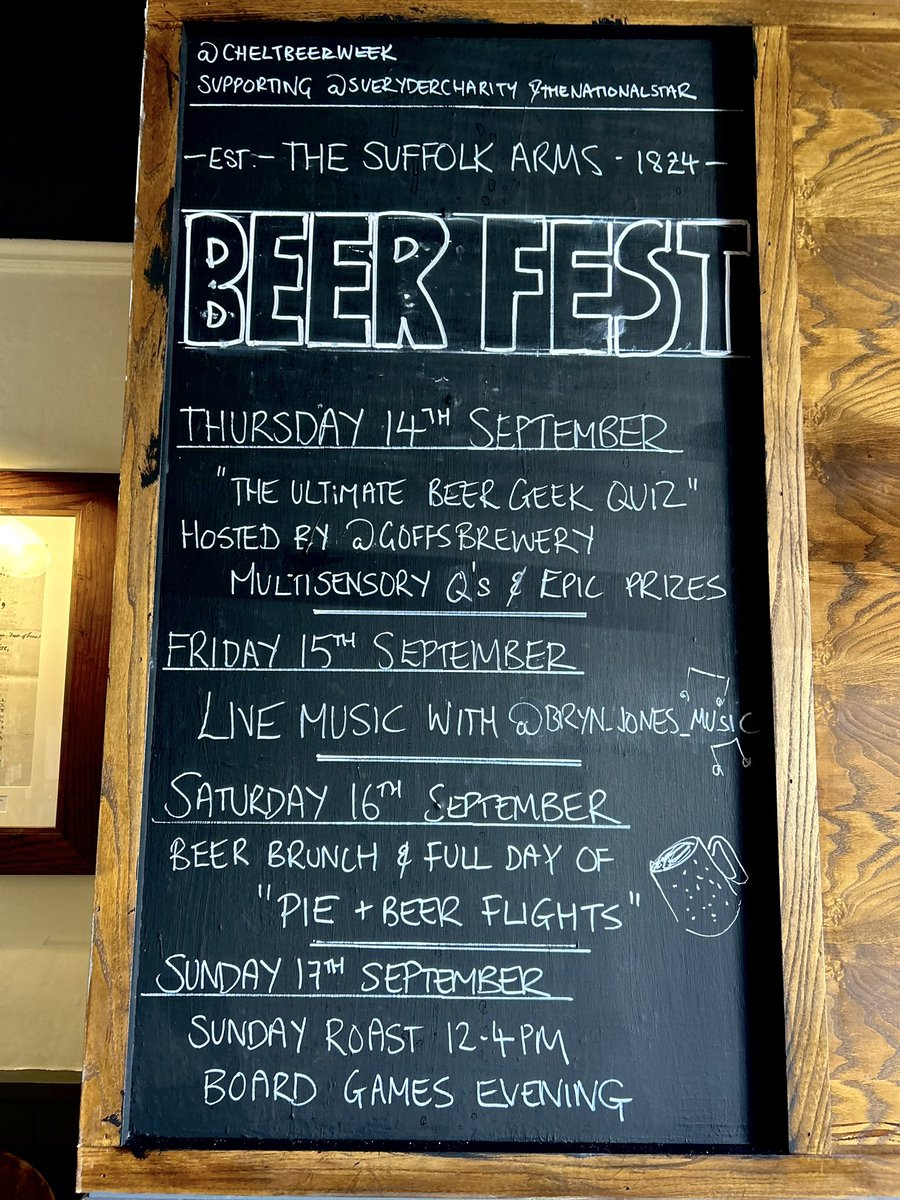 The_SuffolkArms's tweet photo. THIS 👆🏻

“Beer Fest” is approaching. It’s about 3 weeks away.
Get booked in for a seriously good week of events and some serious beers.
.
Supporting @suerydercharity and @thenationalstar 
.
#beerfestival
#beerquiz
#livemusic
#localpub
#beerlovers
#bigboypies
#bestpubcheltenham https://t.co/eYGNeM6nKg
