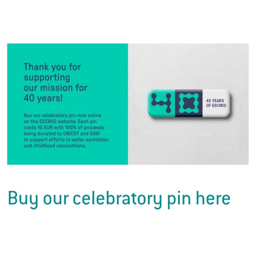 TAEscmid's tweet photo. How to recognise an ESCMID family member? By the CELEBRATORY PIN! ✅ 

During 2023 you have your chance to buy this beautiful souvenir! The money will be donated to UNICEF and GAVI to fund child vaccinations and water sanitation projects! 🌎 

📌 https://t.co/mMLmJTxRfe https://t.co/jpTumkrcjb