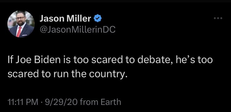 I agree with Trump campaign official @JasonMillerinDC. Candidates who fail to show up to debates are too scared to run our country.