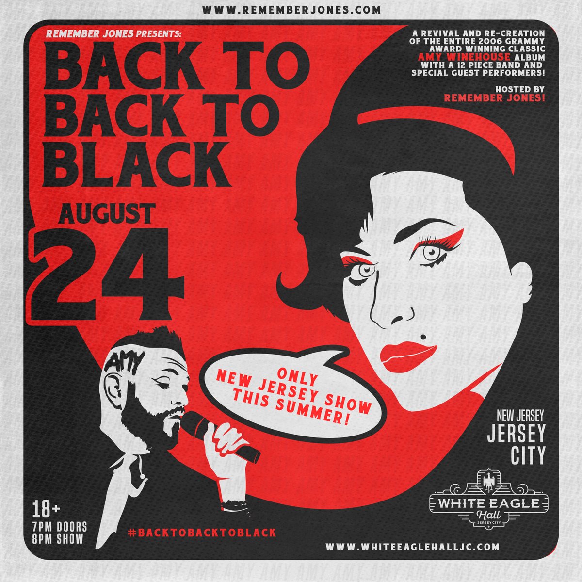 One week away - don't miss 'back to BACK TO BLACK: Amy Winehouse Celebration' on 8/24! Featuring a performance of the entire BACK TO BLACK album and more Amy Winehouse hits with a 12-piece band. Hosted and presented by Remember Jones, get your tix now!

🎟️ seetickets.us/rj824