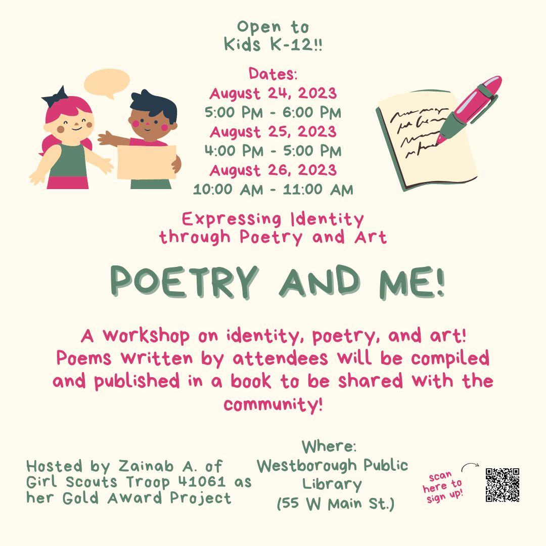 This program being held at the library is hosted by Zainab A. of Girl Scout Troop 41061 as part of her Gold Award.  To learn more, click here loom.ly/nm-p-YU

#WestboroughMa #WestboroughPublicLibrary #Poems #Poetry #Writing #ILoveArt #Art #GirlScouts #GoldAward