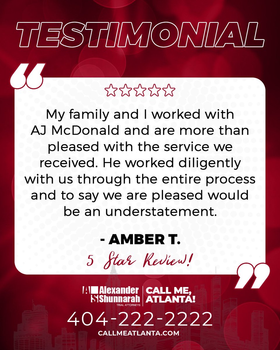 We are beyond grateful for your amazing 5-star review! ⭐️⭐️⭐️⭐️⭐️

If you or a loved one have experienced an accident,

📣 Call Me, Atlanta! 📣⁣⁣⁣⁣⁣
☎️ 404-222-2222
🌐 callmeatlanta.com
⁣⁣⁣⁣⁣
⚖ Alexander Shunnarah Trial Attorneys
📍 Atlanta, GA