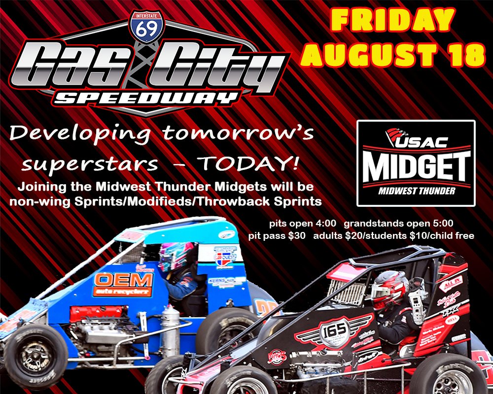 If you haven't seen a USAC Midwest Thunder Midget series race, you are missing out on one of the greatest developmental series out there. This amazing group of talent never disappoints when they are on the track. Catch 'em Friday @GasCitySpeedway