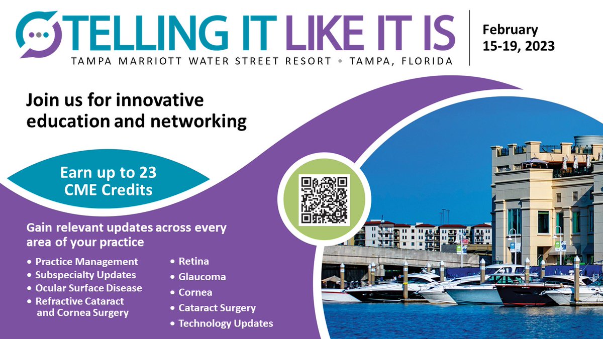 Join us in Tampa this winter for innovative education &amp; networking for #ophthalmologists. You'll gain the expertise to deliver the best possible surgical care. Register at TellingItMeeting.com #CME 
<a href="/wtrattler/">William Trattler, MD</a> <a href="/LizYeu/">Elizabeth Yeu</a> <a href="/ipsingheyedoc/">Inder Paul Singh</a> @AndrewGoLeeMD1