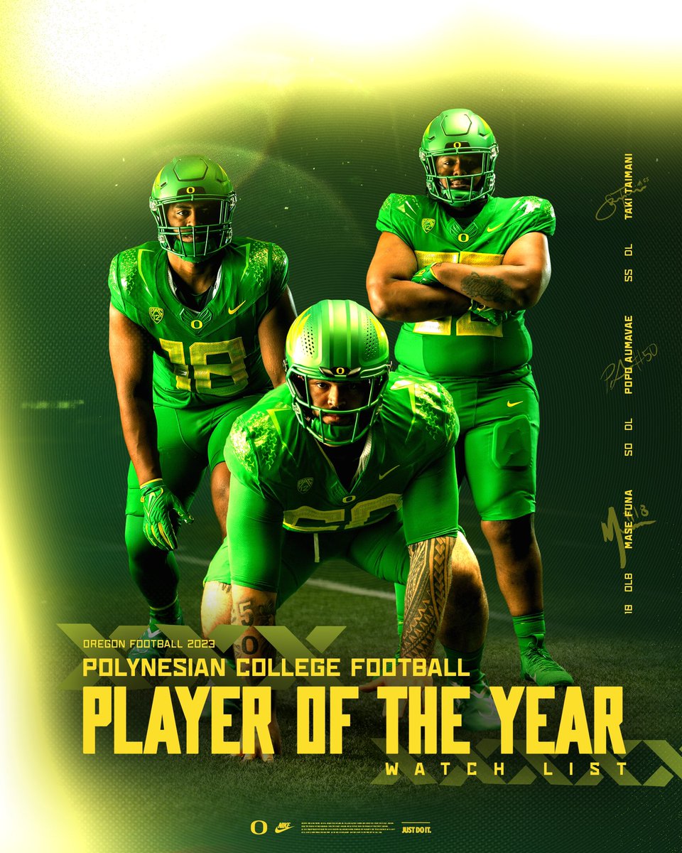 Ability and Integrity. @PopoAumavae, @mase_funa and @TakiTaimani are all on the preseason watch list for the @PolynesianFBHOF Player of the Year Award. #GoDucks