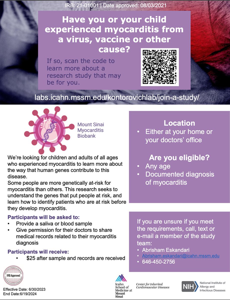 The MF is looking to support Dr. Amy Kontorovich’s study (Mt. Sinai, NYC) on Myocarditis from any cause, including Vaccine-Associated Myocarditis.
Dr. Kontorovich and Mt. Sinai Hospital, NYC are enrolling patients now.
redcap.mountsinai.org/redcap/surveys…