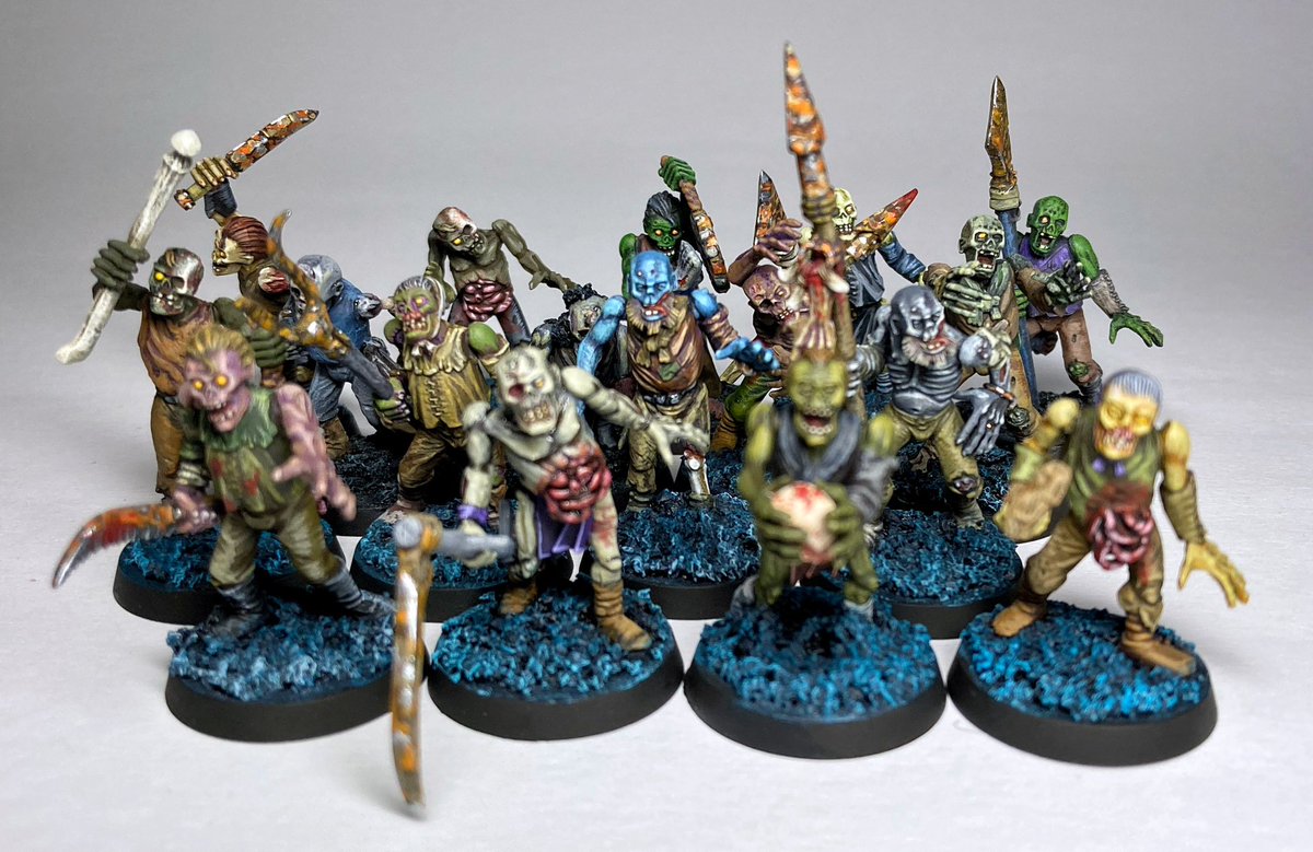 NevalainenJuho's tweet photo. Brraaaains! All the braaains!!! Last of my based zombies are finished and i now have a fun & colorful mob of 38 of them! (Do to rules and such, i have been advised to make 2 more xD). #WarhammerCommunity #aos #ageofsigmar #paintingwarhammer #sbgl #zombies #retrohammer #whfb https://t.co/C8FDORi4t9