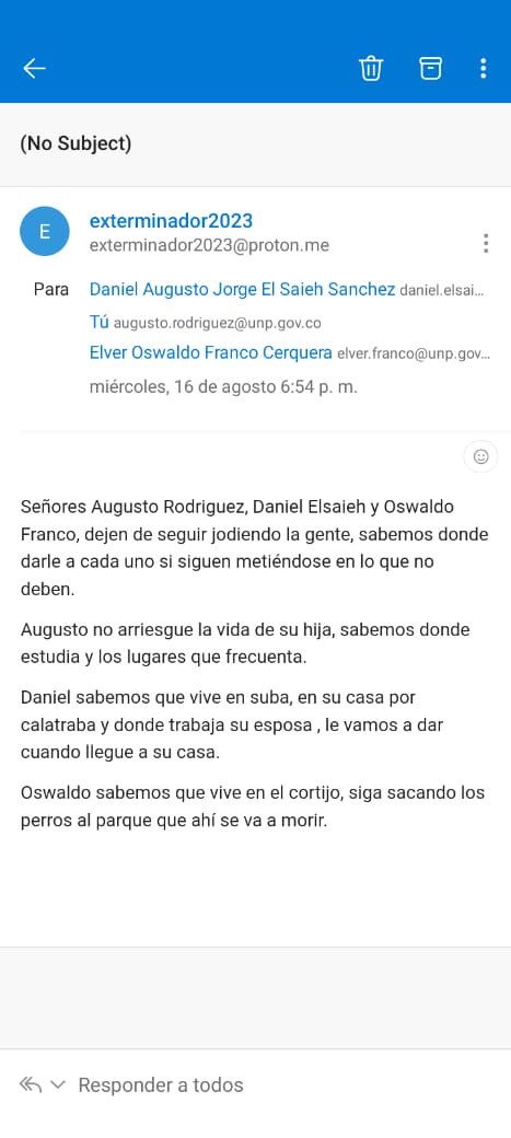 UNPColombia's tweet photo. Nueva amenaza de muerte contra el director de la UNP

En la tarde de ayer al director de la @UNPColombia, Augusto Rodríguez, le fue enviada a su correo institucional una grave amenaza contra su vida y la de su hija; lo mismo contra otros dos altos funcionarios que vienen... https://t.co/QYM7sHrZU9