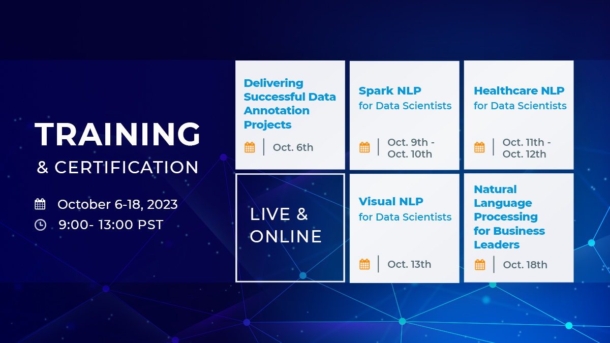 JohnSnowLabs's tweet image. We would like to invite you to our upcoming training sessions where you can take your data science skills to the next level.
Learn more: hubs.li/Q01_jFn00  
#DataAnnotationProjects #SparkNLP #HealthcareNLP #VisualNLP #BusinessLeaders #TrainingSessions