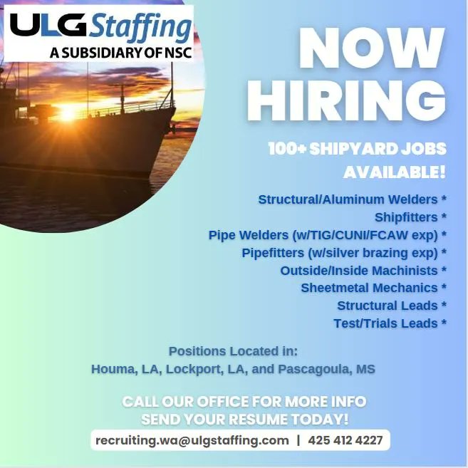 RecruiterHope's tweet image. #NOWHIRING #SHIPYARDJOBS #STRUCTURALWELDER #ALUMINUMWELDER #PIPEFITTING #SHIPFITTING #MACHINISTJOBS @NSCTechnologies  @SarahShipyard @AbiAmdor1