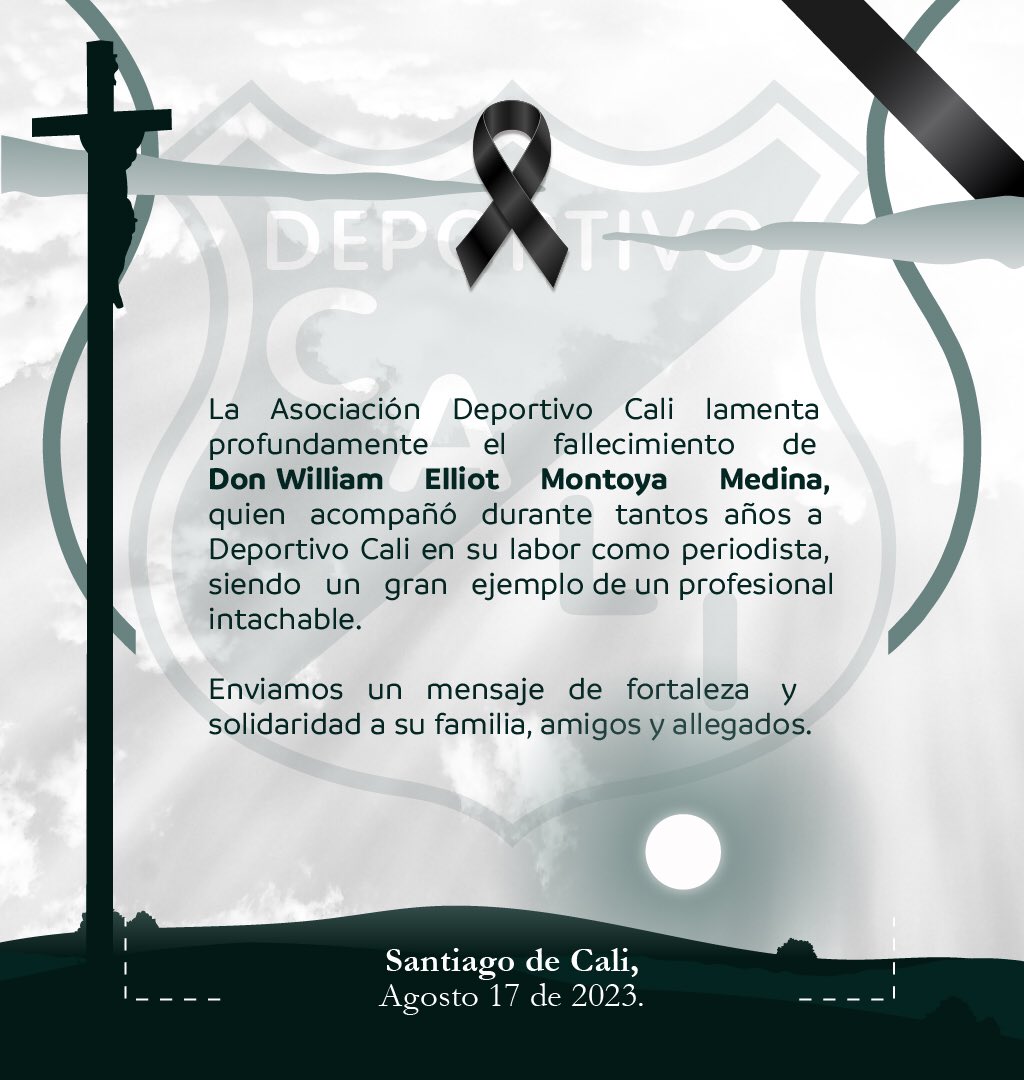 ✝️ La Asociación Deportivo Cali lamenta el fallecimiento de William Elliot Montoya Medina y envía un mensaje de fortaleza a su familia y amigos en este difícil momento.