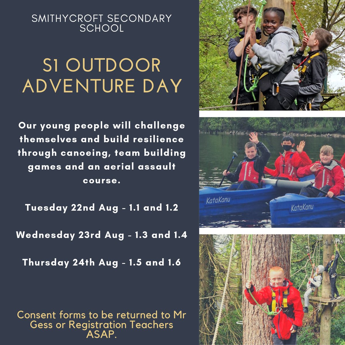 📢CALLING ALL S1 PARENTS📢

Consents forms and information leaflets for next week's S1 Outdoor Adventure Days came home today. 

This is an excellent opportunity for all of S1 to get to know each other while growing in confidence, and its FREE!

Please return consent forms ASAP.