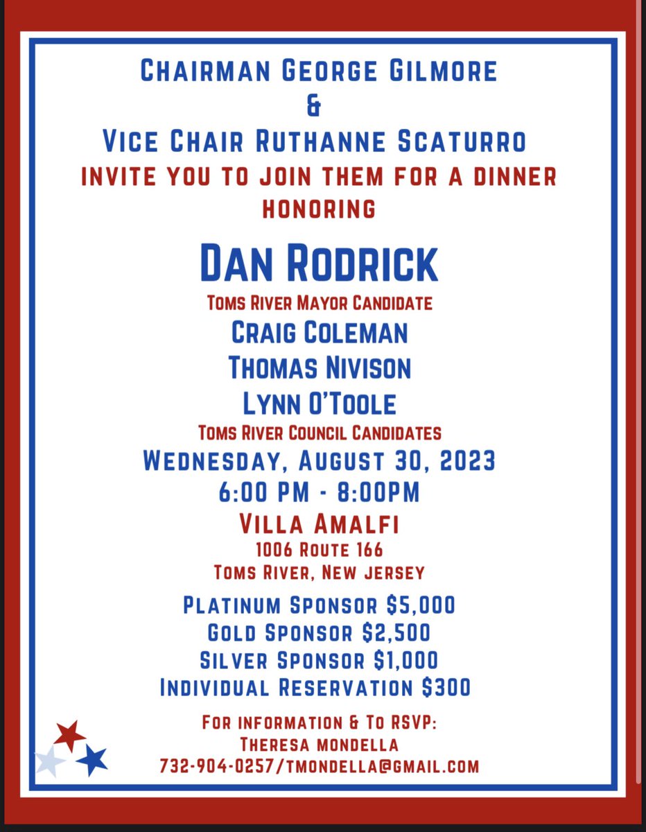 TR_Rep_Club's tweet photo. Chairman George Gilmore &amp; Vice Chair Ruthanne Scaturro invite you to join them for a Dinner Honoring Toms River Mayor Candidate Dan Rodrick and his Council Candidates Craig Coleman, Thomas Nivison &amp; Lynn O’Toole.

Join us Wednesday, August 30, 2023 from 6-8pm at Villa Amalfi https://t.co/lchNPuTk9c